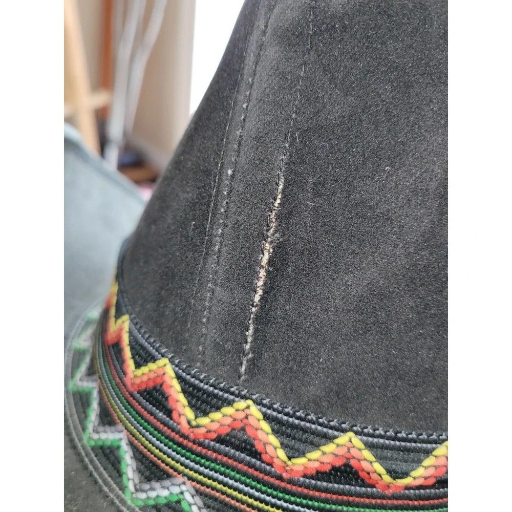 VTG UNITED HATTERS CAP & MILLINERY Black Suede COWBOY HAT SZ XL Colorful Band - Picture 2 of 12